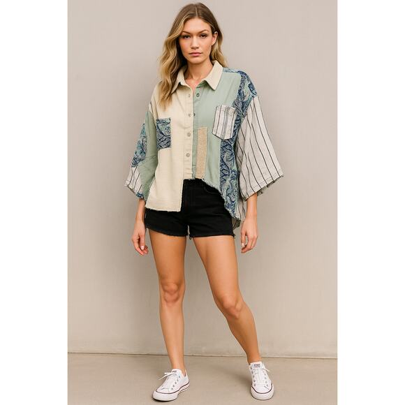 MSRP $125 POL Boho Sleeved Button Down Size L SAME-Plus Size | SAME DAY SHIP - Picture 1 of 7